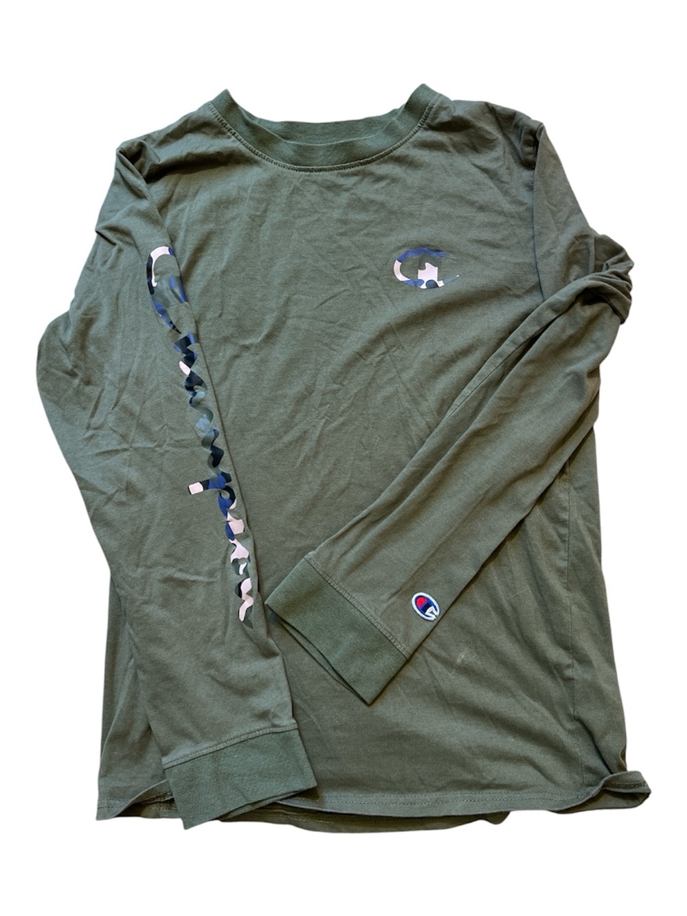 Champion Youth XL Olive Green Long Sleeve Camo Script Logo Graphic Tee Boys